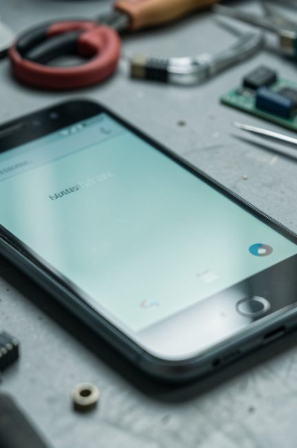 Ancien smartphone Android posé sur un bureau technique, écran allumé avec une interface minimale, ambiance photo éditoriale tech et éclairage doux.