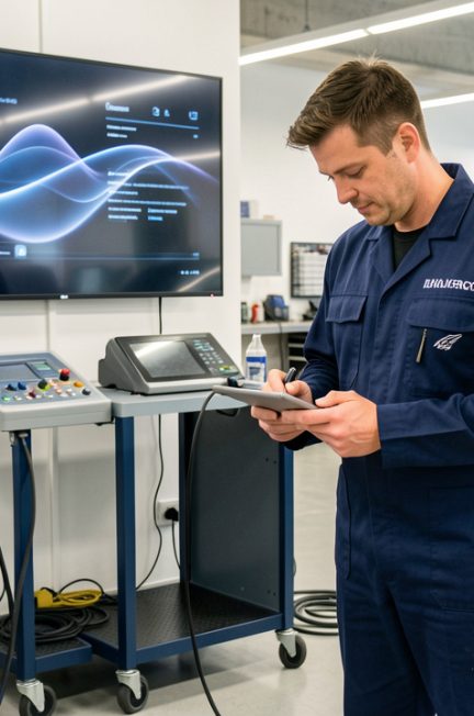 Technicien automobile utilisant une tablette près d’une voiture moderne, d’une valise de diagnostic et d’un écran connecté dans un atelier lumineux.