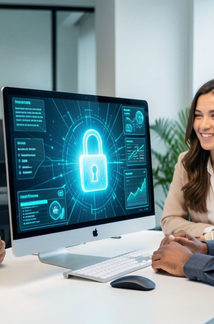 Équipe de trois collègues réunis autour d’un ordinateur affichant une interface d’intelligence artificielle et un cadenas numérique symbolisant la protection des données sensibles.