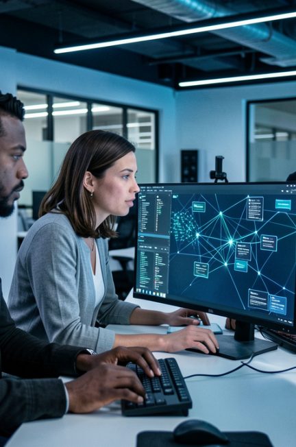 Une équipe informatique composée de deux hommes et d’une femme analyse une infrastructure connectée sur plusieurs écrans dans un bureau moderne éclairé de bleu.