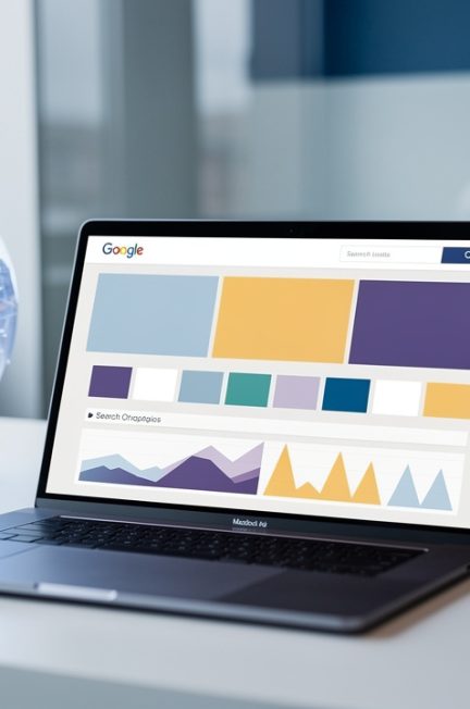 Espace de travail professionnel international avec un ordinateur portable affichant une interface abstraite d’analyse de recherche, un globe lumineux et des câbles réseau, sans texte ni marque visible.