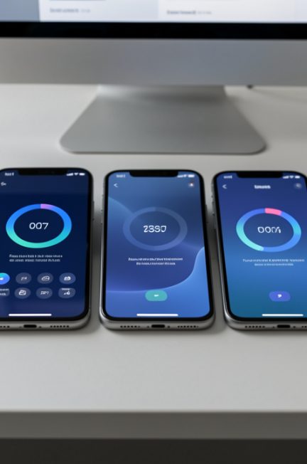 Plusieurs smartphones professionnels alignés sur un bureau informatique, affichant des graphiques abstraits de mise à jour dans une ambiance sobre et moderne.