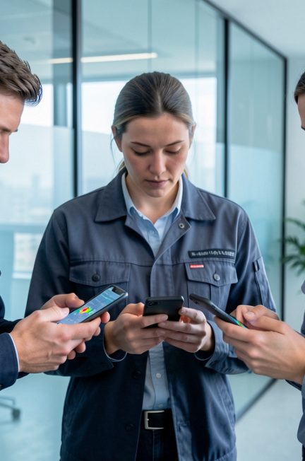 Équipe de deux hommes et une femme techniciens consultant des smartphones professionnels affichant une carte abstraite de géolocalisation dans un bureau moderne.