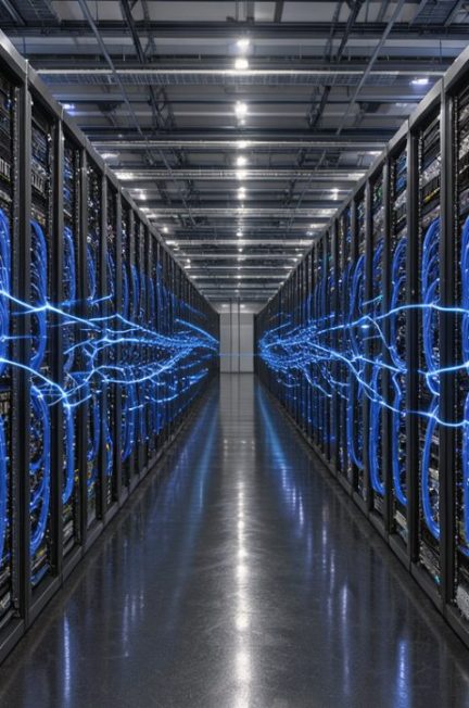 Illustration réaliste d’un centre de données moderne avec des baies réseau haute capacité et des câbles de fibre optique lumineux dans une ambiance bleue sobre.