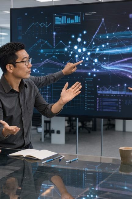 Trois collègues réunis dans un bureau high-tech lumineux devant un tableau de bord numérique abstrait parcouru de flux lumineux sécurisés.