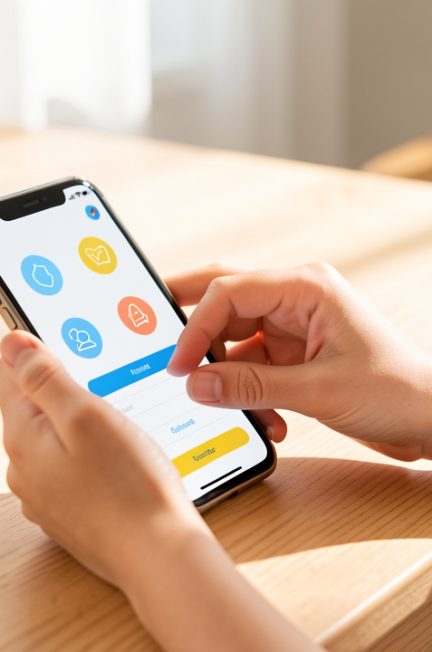Une mère configure un smartphone sécurisé pour enfant sur une table en bois, avec une interface de contrôle parental illustrée par des icônes simples, dans une ambiance lumineuse et réaliste.